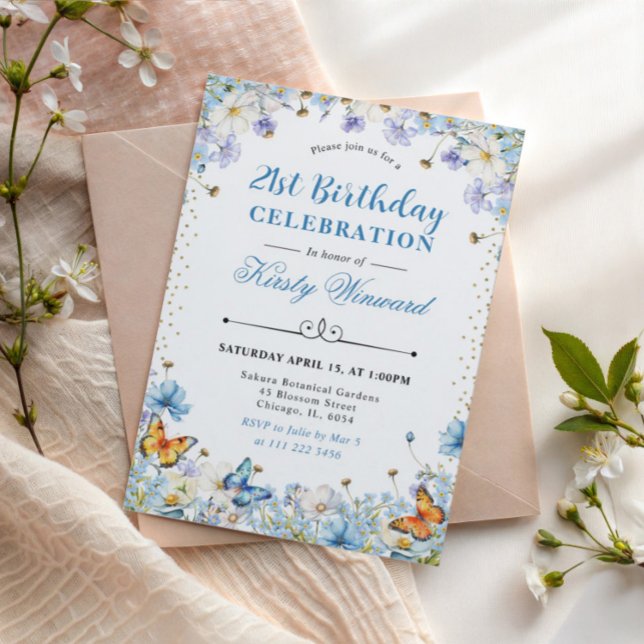 Blue White Wildflowers & Butterflies Birthday Invitation (Creator Uploaded)