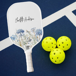 Blue white wildflowers name script pickleball paddle