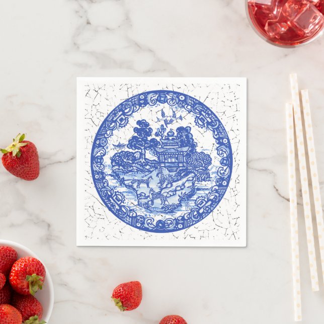 Blue White Willow Fox Woodland Crackle Look  Napkin (Insitu)