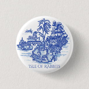 Blue  & White Willow Rabbit FloraI Island Pagoda 1 Inch Round Button