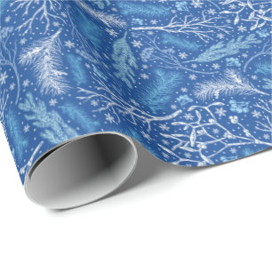 Blue & White Winter Botanical Pattern Wrapping Paper