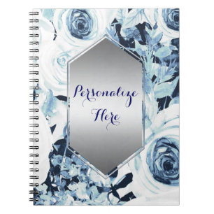 Blue White Winter Floral Roses Vintage Shabby Chic Notebook