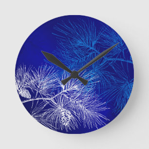 Blue White Winter Holiday Pine Round Clock