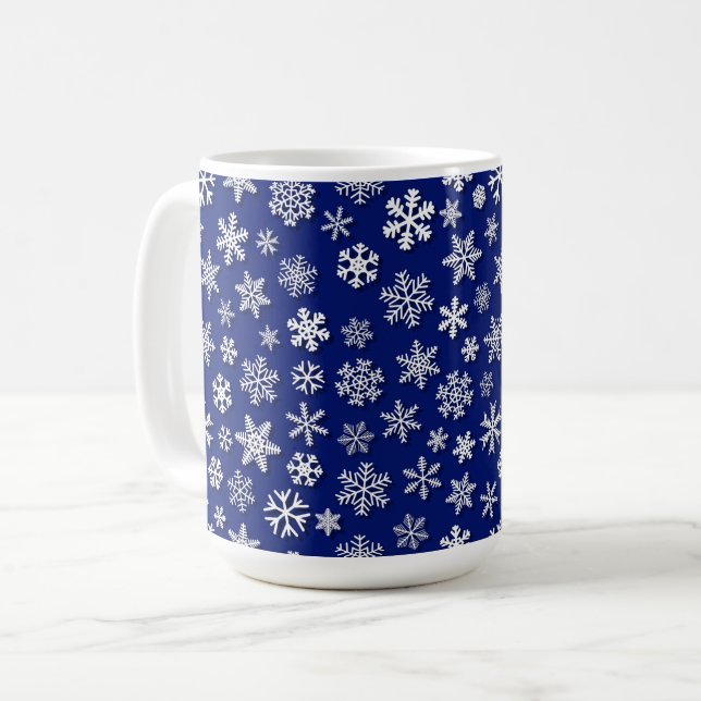 BLUE & WHITE WINTER HOLIDAY SNOWFLAKES COFFEE MUG (Front Left)