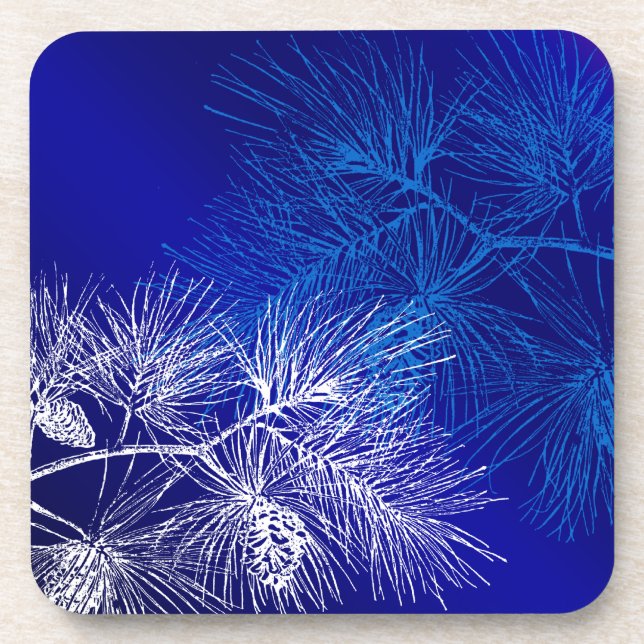 Blue White Winter Pine Pattern Coaster (Front)