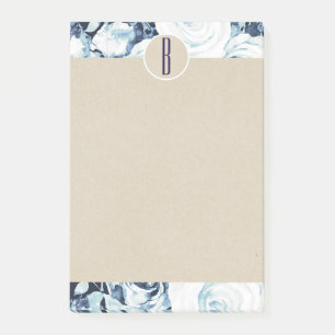 Blue White Winter Roses Kraft Rustic Monogram Post-it Notes