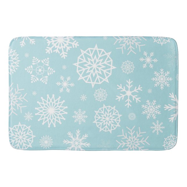 Blue White Winter Snowflake Christmas Holidays Bath Mat (Front)