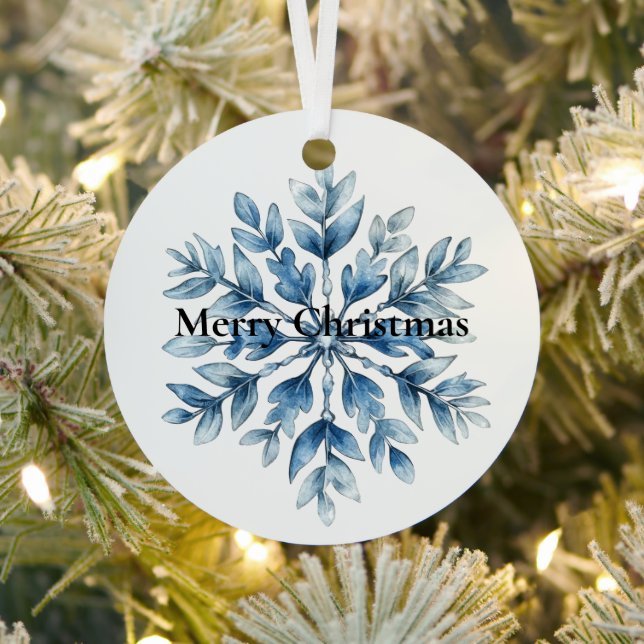 Blue White Winter Snowflake Christmas Metal Ornament (Insitu)