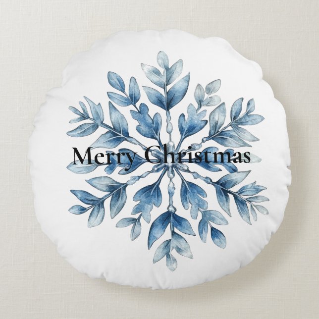 Blue White Winter Snowflake Christmas Round Pillow (Front)