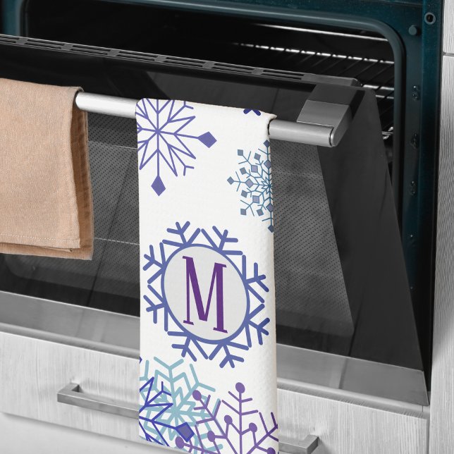 Blue White Winter Snowflake Elegant Monogram Kitchen Towel (Creator Uploaded)
