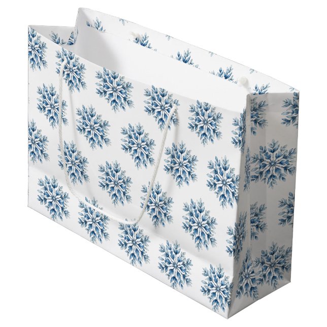 Blue White Winter Snowflakes Large Gift Bag (Front Angled)
