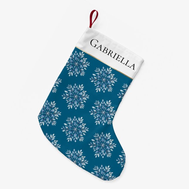 Blue White Winter Snowflakes Small Christmas Stocking (Front (Hanging))
