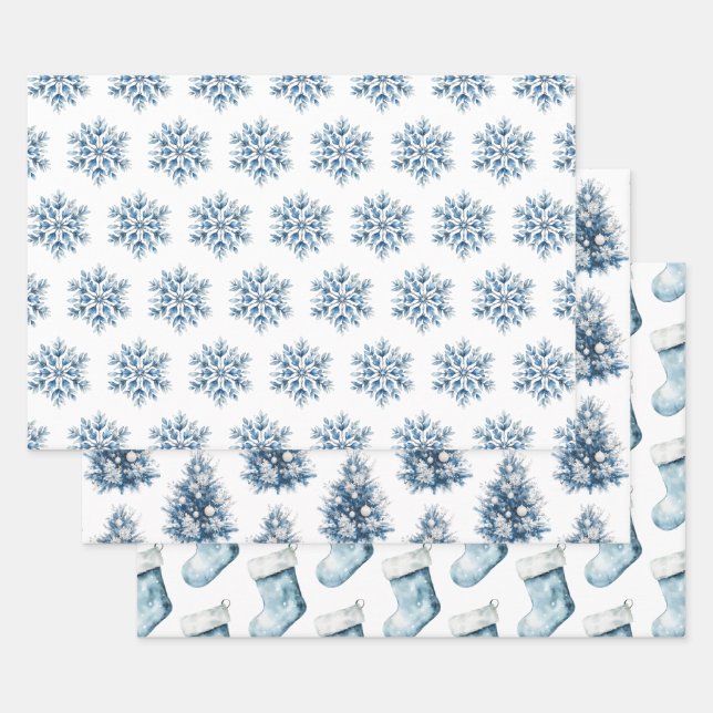 Blue White Winter Snowflakes Trees Stockings Wrapping Paper Sheet (Set)