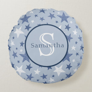 Blue & White Winter Stars Personalized Monogram Round Pillow