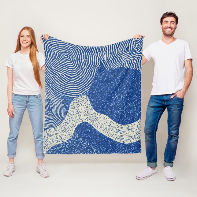 Blue White Woodcut Wave Abstract Pattern Fleece Blanket (In Situ)