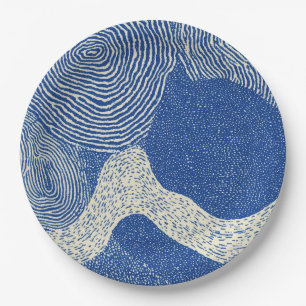 Blue White Woodcut Wave Abstract Pattern Paper Plate