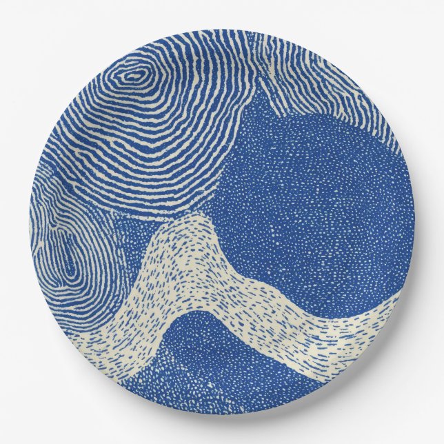 Blue White Woodcut Wave Abstract Pattern Paper Plate (Front)