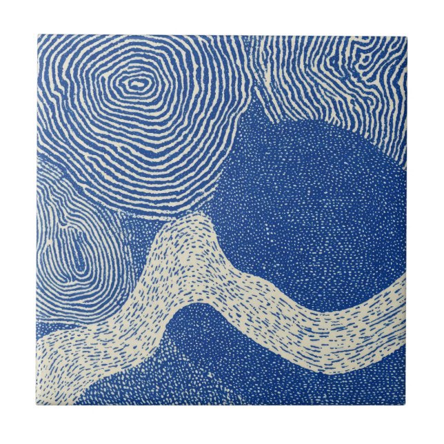 Blue White Woodcut Wave Abstract Pattern Tile (Front)