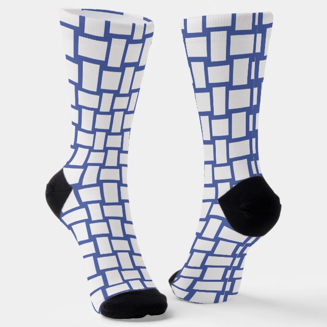 Blue White Woven Blocks Pattern Socks (Angled)