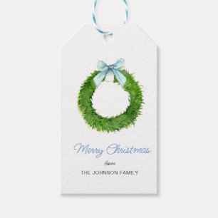 Blue & White Wreath with bow Christmas Gift Tags