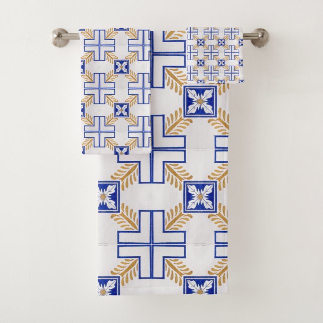 Blue White Yellow Azulejo Portuguese Tiles Pattern Bath Towel Set (Insitu)