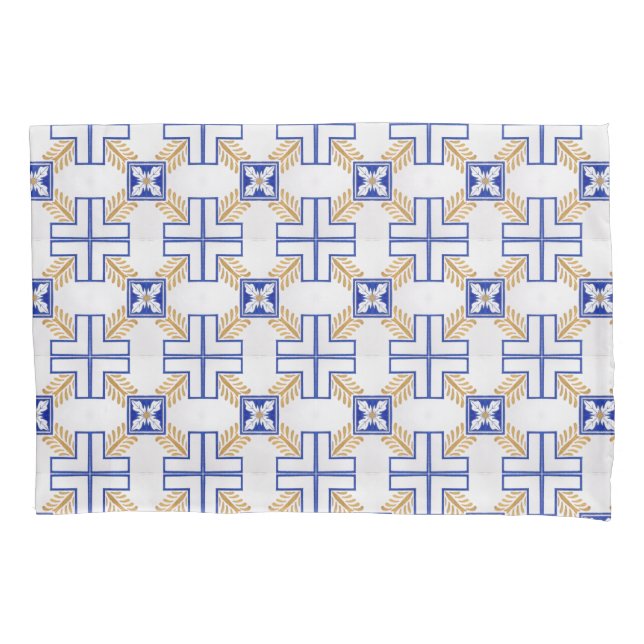 Blue White Yellow Azulejo Portuguese Tiles Pattern Pillowcase (Front)