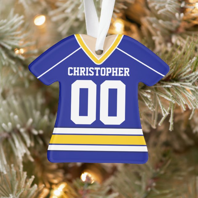 Blue/White/Yellow Custom Hockey Jersey Ornament (Tree)