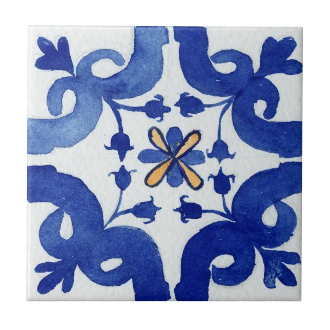 Blue White Yellow Floral Mediterranean Watercolor Tile (Front)