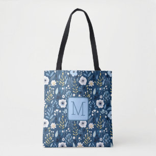 Blue, White, Yellow Flowers Color Block Monogram Tote Bag