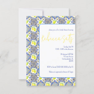 Blue, White, Yellow Lemons Majolica Bridal Shower Invitation