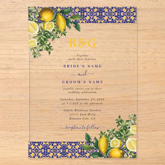 Blue White Yellow Mediterranean Tile Lemon Wedding Acrylic Invitations (Front)