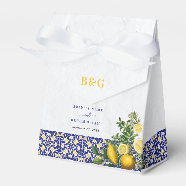 Blue White Yellow Mediterranean Tile Lemon Wedding Favor Box (Front Side)