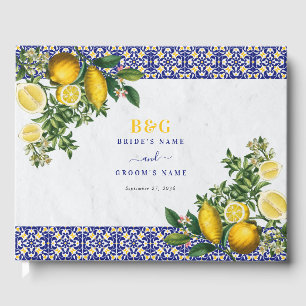 Blue White Yellow Mediterranean Tile Lemon Wedding Guest Book