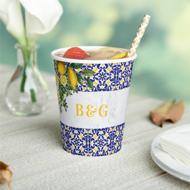 Blue White Yellow Mediterranean Tile Lemon Wedding Paper Cups (Insitu)