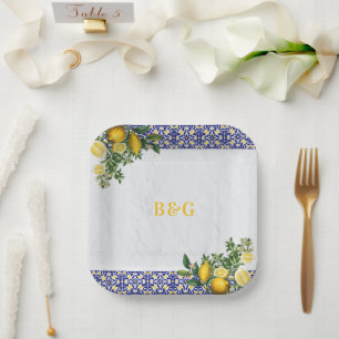 Blue White Yellow Mediterranean Tile Lemon Wedding Paper Plate