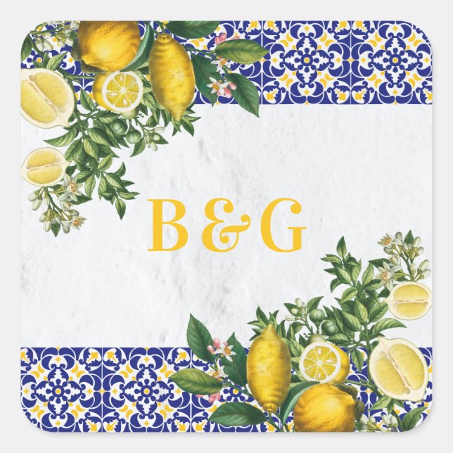 Blue White Yellow Mediterranean Tile Lemon Wedding Square Sticker (Front)