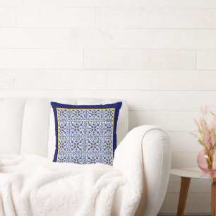 Blue white yellow pattern Mediterranean style  Throw Pillow