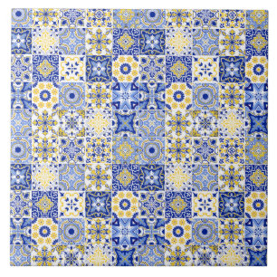 blue& white yellow Portuguese Azulejo pattern  Tile