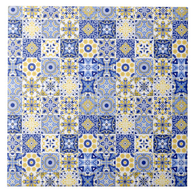 blue& white yellow Portuguese Azulejo pattern  Tile (Front)