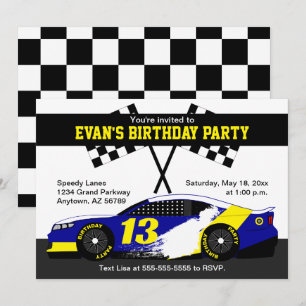 Blue White Yellow Race Car Birthday Party Card