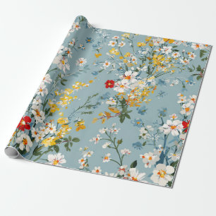 Blue White Yellow Red Ditsy Flower Pastel Boho 70s Wrapping Paper