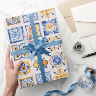 Blue White Yellow Tiles Pattern Summer Aesthetic Wrapping Paper