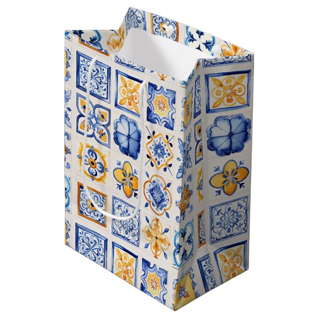 Blue White Yellow Tiles Pattern Wine, Small, Medium Gift Bag (Front Angled)
