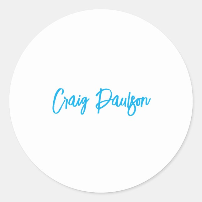Blue White Your Name Calligraphy Unique Minimalist Classic Round Sticker (Front)