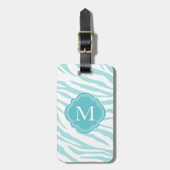 Blue White Zebra Print Monogram Luggage Tag (Front Vertical)