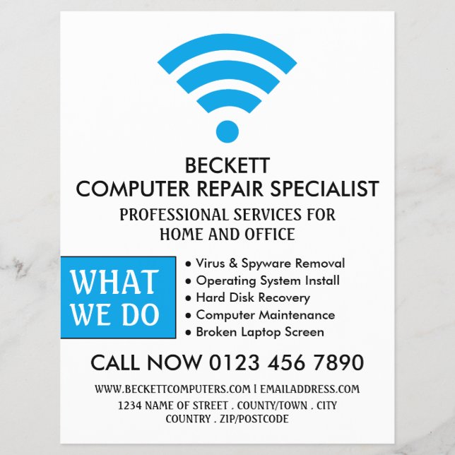 Blue Wi-Fi Logo, Computer Repair Specialist Advert Flyer (Front)