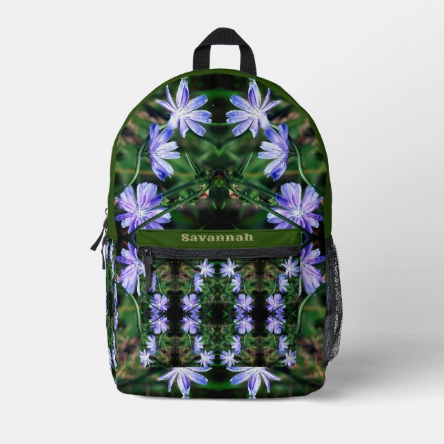 Blue Wild Chicory Flowers Abstract Personalized Printed Backpack (Front)