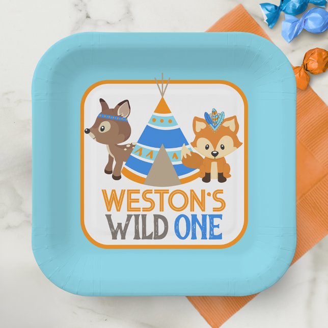Blue Wild One Boy First Birthday Paper Plates (Wild One Baby Blue 1st Birthday Paper Plates Featuring Fox, Deer and Teepee Tent)
