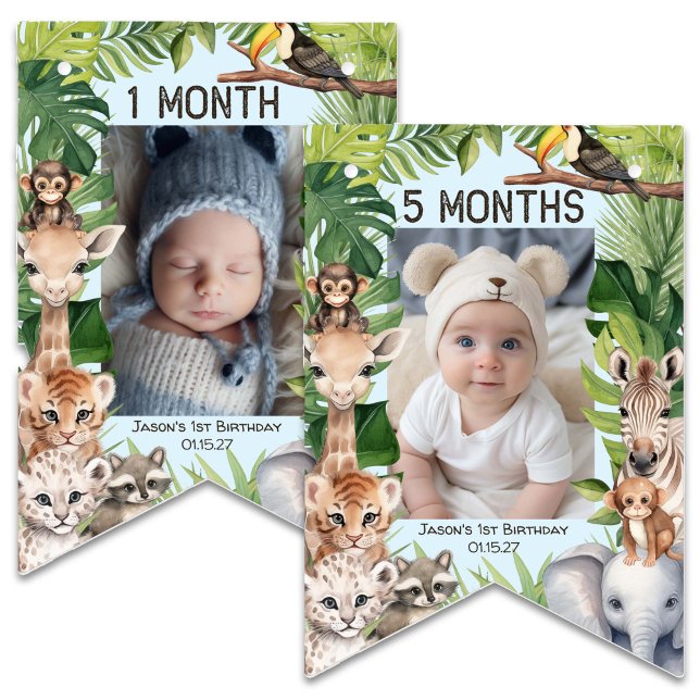 Blue Wild One Safari Themed 1st Birthday Monthly  Bunting Flags (Blue Safari Animals, WIld One, Boy 1st birthday monthly photo banner. Birthday keepsake.)