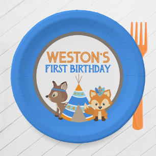 Blue Wild One Woodland Birthday Party Plates